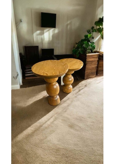 Simillo Masif Ahşap Yan Sehpa Seti 2 Li Koyu Ceviz Renkli Doğal Zigon Ve Fiskos Sehpa - Side Table Koyu Ceviz