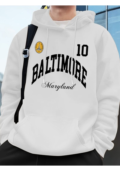 Startmore Startmorebaltimore Maryland Amblemi Baskılı Kapüşonlular Erkek Sportif Gevşek Tişörtü Kış Polar Sıcak Beyaz