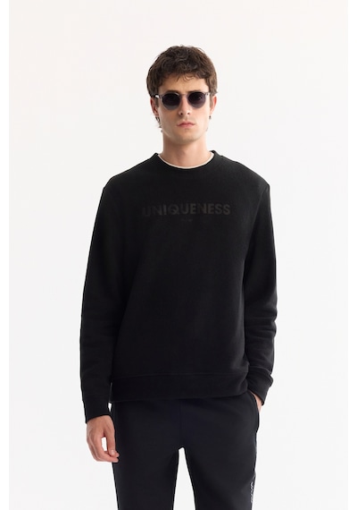 Avva Erkek Siyah Bisiklet Yaka Soft Touch Baskılı Polar Regular Fit Sweatshirt A52y1269