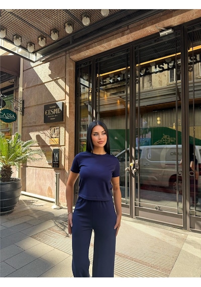 WeShaya Lacivert Polyester Keten Palazzo Takım Lacivert