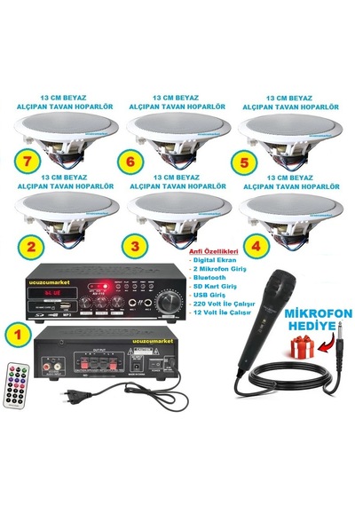 Tavan Hoparlör Sistemi 6 Adet 13 Cm Beyaz Renk Tavan Hoparlör + 1 Adet Amfi + Mikrofon