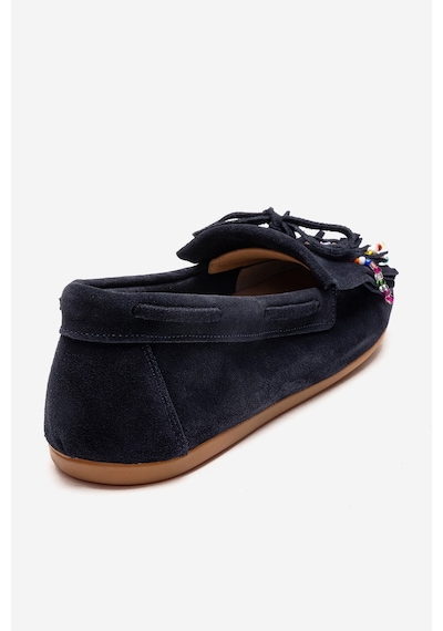 Luvishoes Evelyn Lacivert Süet Hakiki Deri Püsküllü Boncuklu Kadın Loafer Ayakkabı