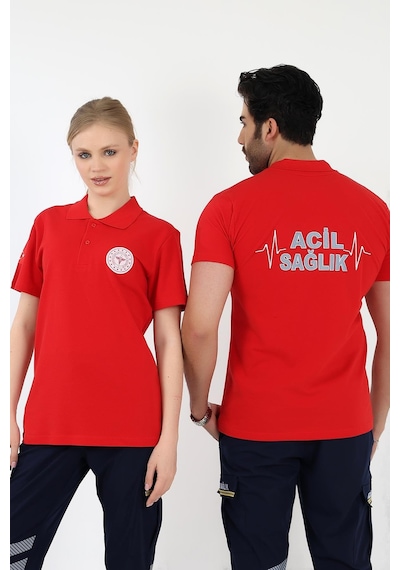 Acil Sağlık Yakalı Tshirt Kısa Kol - Kırmızı-12769 Kırmızı