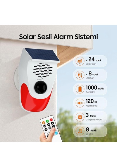 Kumandali Solar Sesli Işikli 120db Alarm Si Stemi