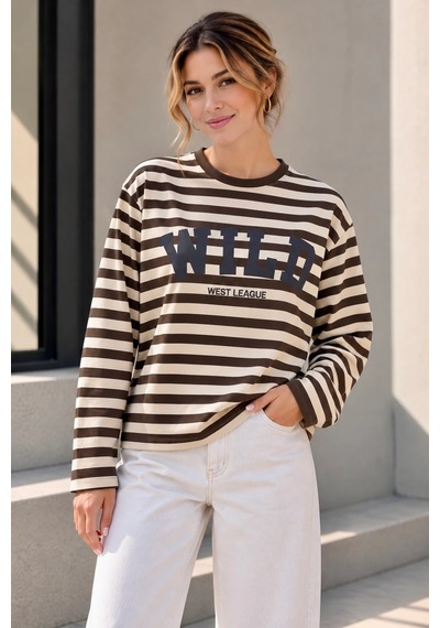 Bbbutikbasic Wild Baskılı Çizgili Uzun Kollu Kadın Sweatshirt My3535 Kahverengi