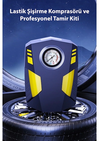 Dybox Pro Basınç Göstergeli Kompresör Oto Araç Lastik Şişirme Pompası Ve Tamir Seti 150 Psi-12v Sarı