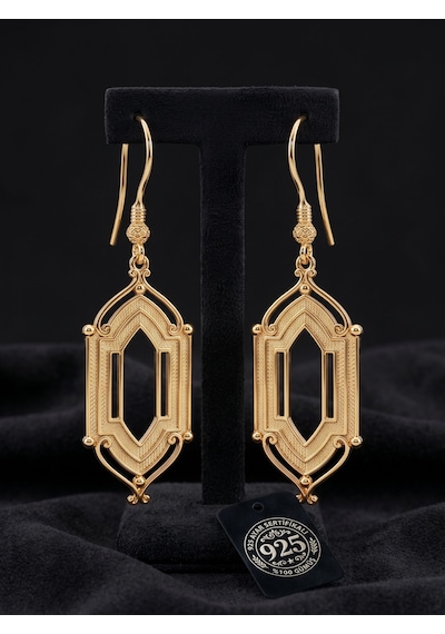 925 Ayar Geleneksel Telkari El İşçiliği Gold Pencere Motifli Kancalı Gümüş Küpe