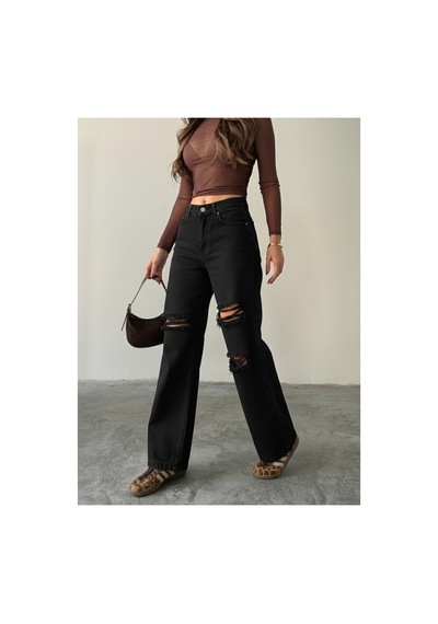 Blue Marlın Çift Diz Lazer Yırtık Boyfriend Bol Paça Jeans Siyah