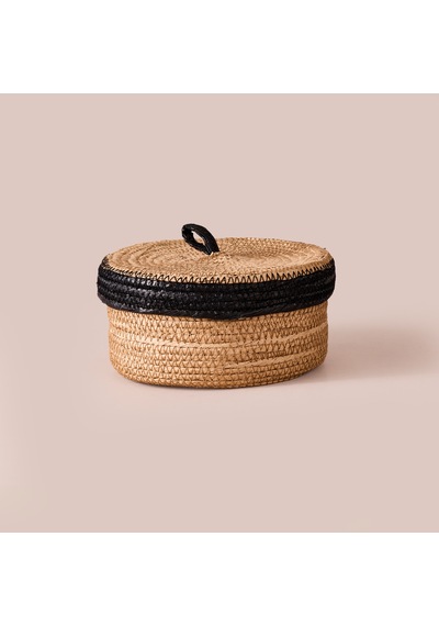 Living Mustard Kapaklı Örgü Sepet - Bej / Siyah - 19x9 Cm Çok Renkli