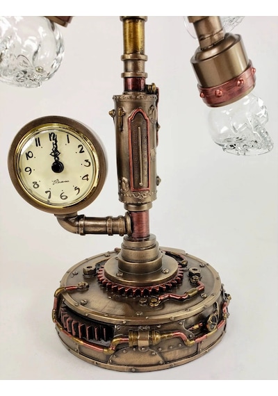 Steampunk Serisi Boru Sistemli, Saatli, Kristal 6lı Kafatası Led Gece Lambası