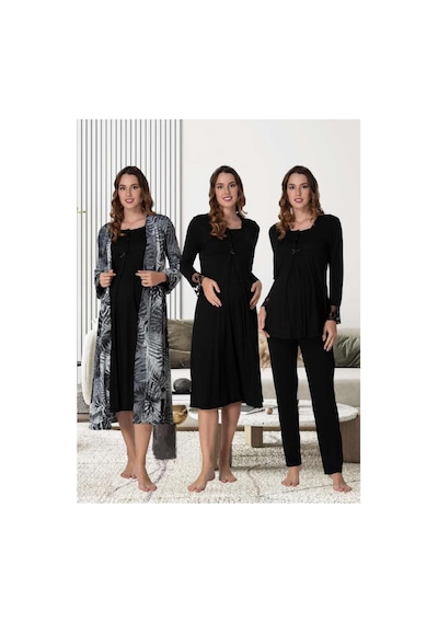 Effortt Dvina Lohusa Hamile Gecelik, Sabahlık Ve Pijama Takımı Komple Set - 4'lü Takım - Siyah Siyah