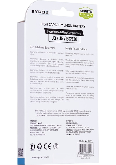 Syrox Samsung Uyumlu J3 / J5 / Bg530 Batarya B197