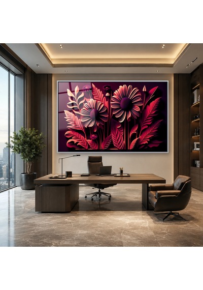 Pembe Kağıt Kesim Çiçekler Gümüş Çerçeveli Cam Tablo