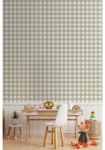 Ekose Desenli Duvar Sticker Yarım Kaplama Duvar Kağıdı Görünümlü Sticker 54x109 Cm Ekoseli Yeşil Dijital Baskı
