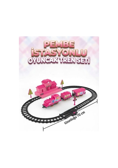 Pembe İstasyonlu Pilli Oyuncak Tren Seti - 26 Parça Hareketli Lokomatif Ve Vagon Seti