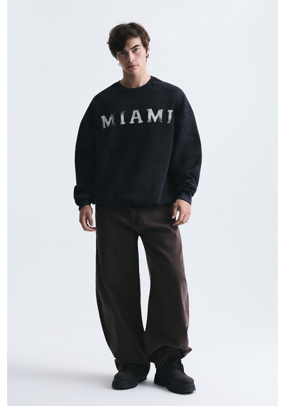 Vamos Miami Baskılı Bisiklet Yaka Sweatshirt Siyah