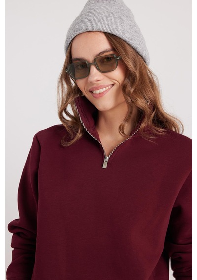 Tudors Kadın Relax Fit Rahat Kesim Pamuklu İçi Polarlı Yarım Fermuarlı Bordo Dik Yaka Sweatshirt-37889 Bordo