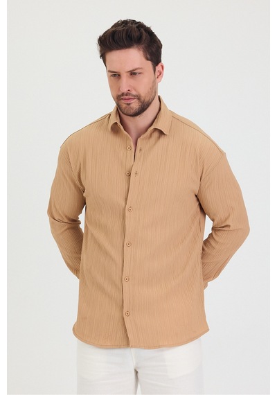 Cool Tarz Erkek Kendinden Çizgi Detaylı Slim Fit Dar Kalıp Uzun Kol Gömlek Krem Krem