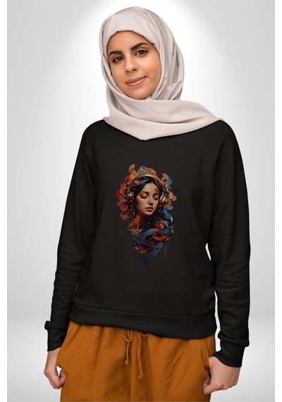 Müzik Dinleyen Kulaklık Yaprak Saçlı Renkli Unisex Siyah Baskılı Sweatshirt Siyah