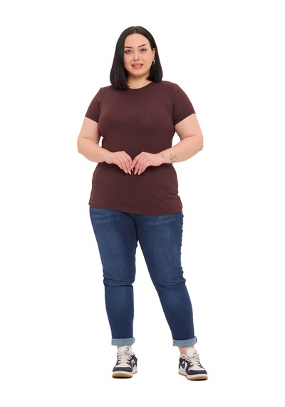 Disentis Büyük Beden Bisiklet Yaka Kısa Kollu Viskon Kahverengi Body Kahverengi
