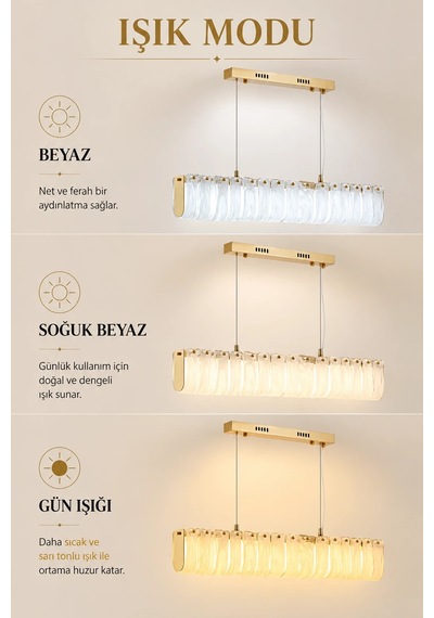 Modern Premıum Lüks Gold Detaylı Cam Led 3 Renkli Sarkıt Salon Yemek Odası Avizesi 40w Beyaz