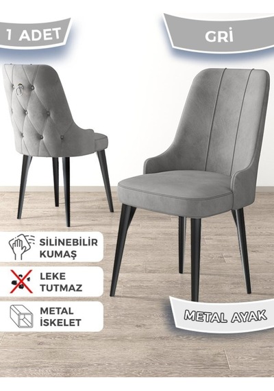 Canisa Newa Serisi,1.sınıf Babyface Kumaş Siyah Metal Ayak Gümüş Halkalı, 6 Adet Gri Sandalye Gri