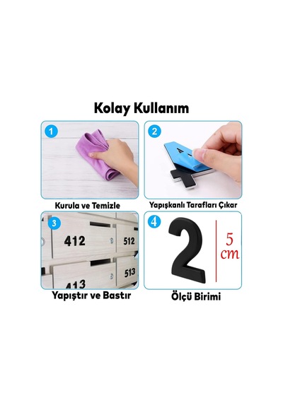 Yapışkanlı Kapı Numarası Küçük Boy 50 Mm 5 Cm Numara 2 Rakam İki Sayısı Siyah Renk Numaralar 1 Adet Diğer