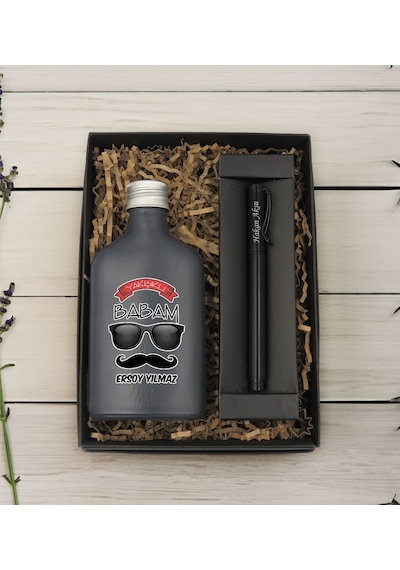 Bk Gift Kişiye Özel İsimli Baba Temalı Antrasit Tasarım Cam Şişede Kolonya 200 Ml & Siyah Metal Roller Kalem Hediye Seti-7, Babaya Hediye, Babalar Gün
