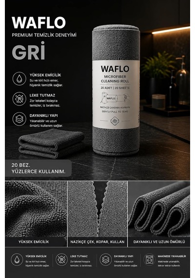 Mikrofiber Temizlik Bezi Rulo 20'li - Gri Yüksek Emicilik, Tekrar Kullanılabilir, İz Bırakmaz Çok Renkli
