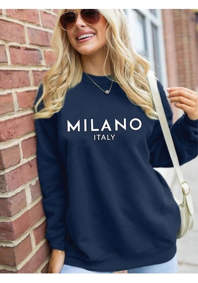 Uyguntarz Milano Baskılı Oversize Sweatshirt Lacivert