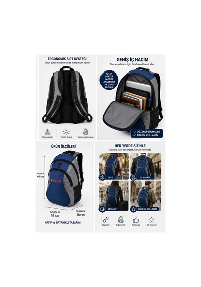 Bosch Sırt Çantası Lacivert- Gri . Çok Bölmeli, Suya Dayanıklı, Ergonomik, Günlük Kullanım, Okul, İş Ve Seyahat Çantası Lacivert Bosch Sırt Çantası Lacivert- Gri . Çok Bölmeli, Suya Dayanıklı, Ergonomik, Günlük Kullanım, Okul, İş Ve Seyahat Çantası Lacivert