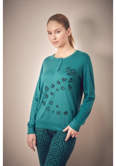 Fullamoda Kalp Nakışlı Bisiklet Yaka 2 Li Pijama Takımı 24mıcg631125720-yeşil Yeşil