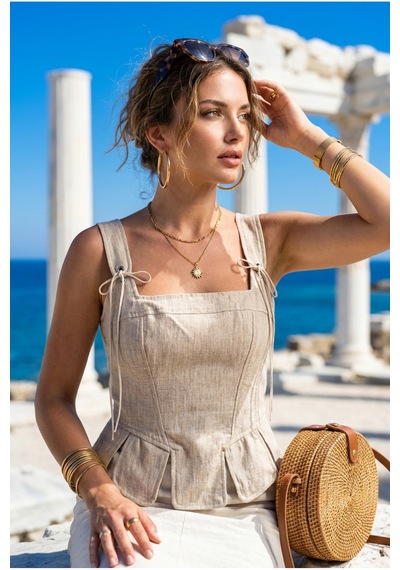 Athena Antik Roma Gladyatör Dizayn Kalın Askılı Bağcıklı Keten Mitolojik Crop Büstiyer Taş