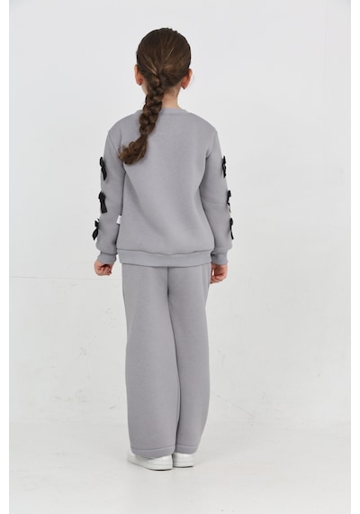 Erdem Kıds Kız Çocuk 3 İplik Şardonlu Kurdele Detaylı Basic Sweatshirt-bol Kesim Palazzo Eşofman Takım Gri Gri