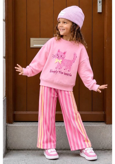 Monila Kız Çocuk Pembe Kedi Baskılı Sweatshirt Ve Pembe Çizgili Eşofman Alt Üst Takım
