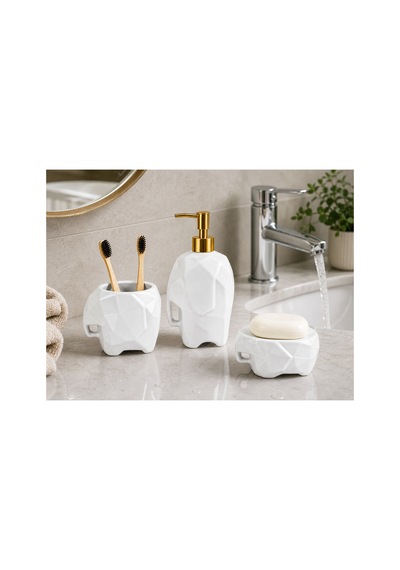3 Lü Seramik Fil Figürlü Süt Beyaz Dekoratif Banyo Seti,diş Fırçalık+sıvı Sabunluk+katı Sabunluk Beyaz