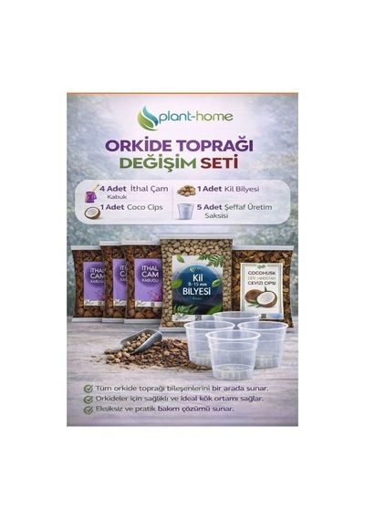 Orkide Toprağı Değişim Seti - Ithal Çam Kabuğu, Coco Cips, Kil Bilyesi Ve Şeffaf Saksı Seti 1