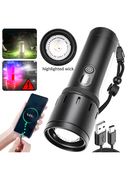 Şarjlı Led El Feneri Kamp Lambası - 5000 Mah Powerbank, Teleskopik Zoom, Acil Durum Sos , Kamp, Av, Balıkçılık Ve Outdoor Kullanım Gri