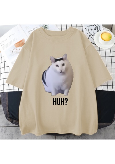 Flood Of Style Kedi Ha Diyor Komik Meme Baskı T-shirt Erkekler Kadınlar 100% Pamuk Streetwear Vintage Kısa Bej