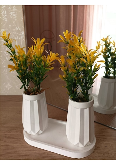 Mini Düz Desenli Beton Saksı İkili Ve Oval Tabak-yapay Çiçek Hediyeli - Sarı