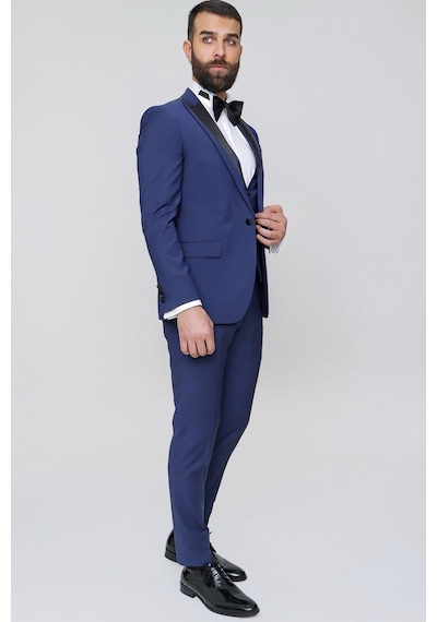 Efor Black 034 Slim Fit Yelekli Çıkarılabilir Saten Yaka Parlement Damatlık Smokin Takım Parlement