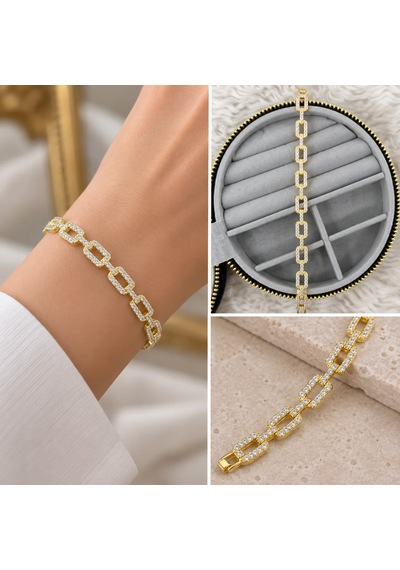 Premium Parlak Ve Şık Zirkon Taşlı Dikdörtgen Halkalı Gold Renk 316l Kadın Bileklik 20cm Altın