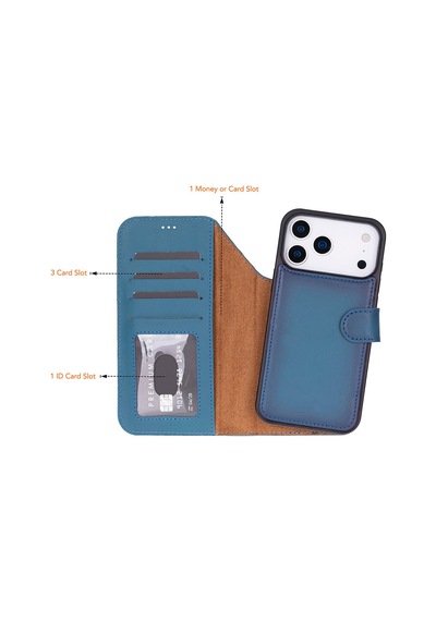 Bloomcase Magic Wallet Midnight Blue Apple Uyumlu iPhone 17 Pro 6.3" Hakiki Deri Çıkarılabilir Cüzdanlı Telefon Kılıfı Mavi