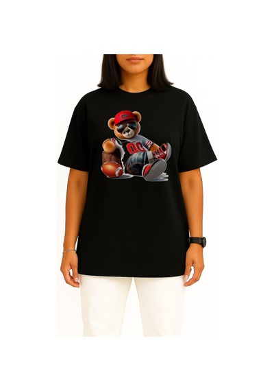 Bahriyeli Collection Oversize Havalı Teddy Ayıcık Göğüs Tasarımlı Unisex T-shirt Siyah