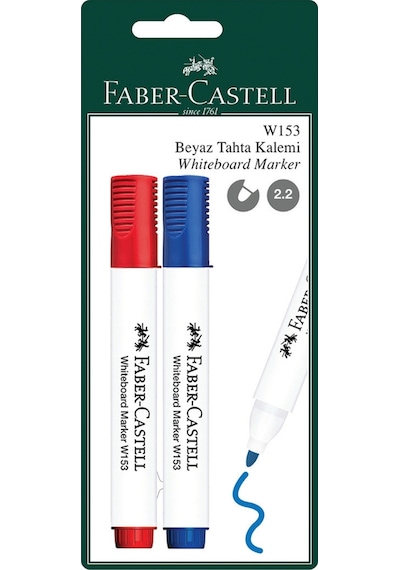 Faber-Castell W153 Beyaz Tahta Kalemi 2'li Set, Mavi ve Kırmızı Renk,Kolay Silinir, Ergonomik Tasarım
