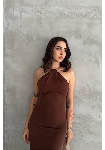 Neşeli Butik Kadın Kahverengi Sırt Dekolteli Metal Yaka Midi Elbise Nbk4543 Kahverengi Neşeli Butik Kadın Kahverengi Sırt Dekolteli Metal Yaka Midi Elbise Nbk4543 Kahverengi
