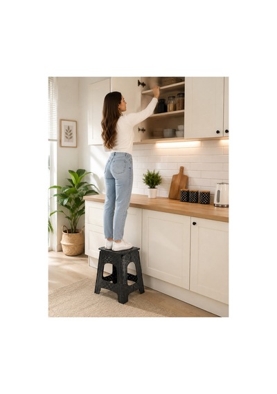 Foldmax Katlanabilir Çok Amaçlı Plastik Tabure 44 Cm Ev Banyo Mutfak Balkon Kamp Piknik İçin Siyah Siyah