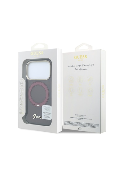 Apple iPhone Uyumlu 18 Pro Kılıf Guess Lisanslı M-safeli Dönebilen Standlı Metal Yazı Logolu Silikon Kapak Bordo