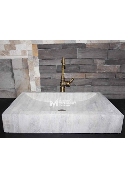 Gümüş Traverten Modern Kare Lavabo