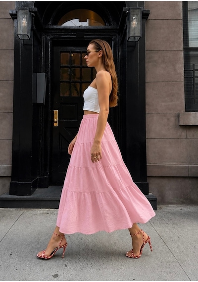 Bisou Pembe Beli Lastikli Volan Detaylı Astarlı Yazlık Maxi Etek Pembe